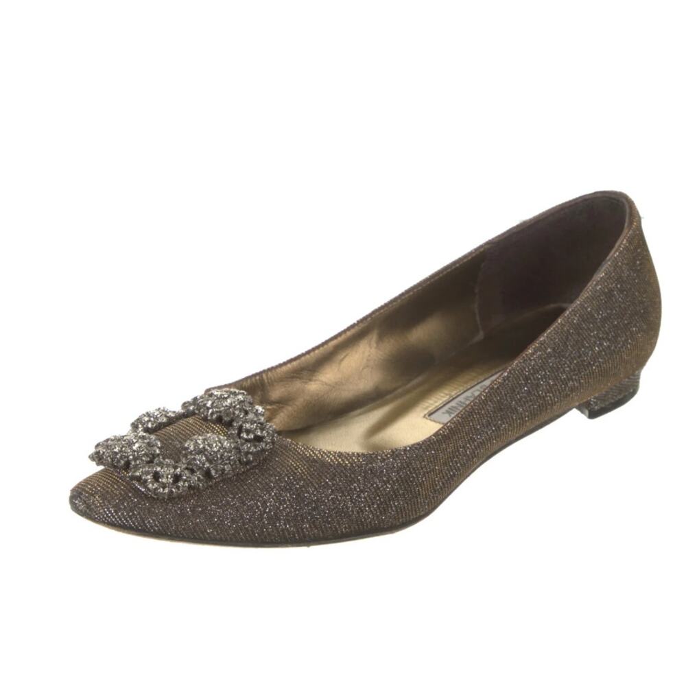 Manolo Blahnik Hangisi Flat Gold Glitter Fabric Jewel Buckle Flat Shoes